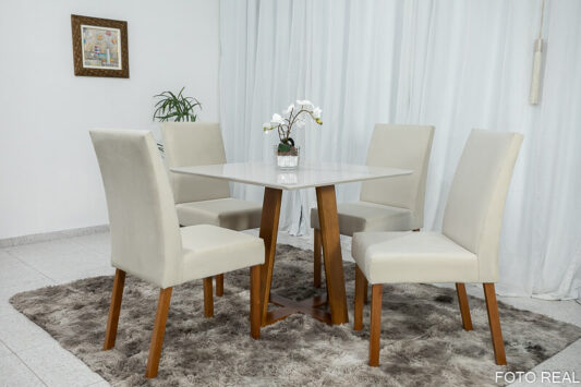 Mesa Jantar Vitra Mel  MDF 90×90 Vidro Off 4 Cadeiras Madeira Sued Bege