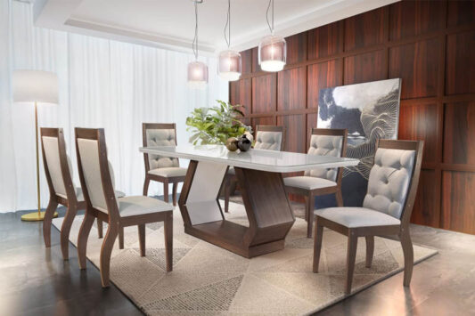 Mesa Alvorada 180×90 Café Vidro Off 6 Cadeiras Ágata