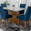 Mesa Jantar Luna MDF e Vidro Off 1,20×0,80 4 Cadeiras Lunara Veludo Azul