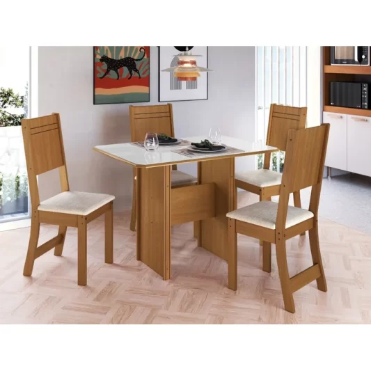 Conjunto Mesa Evóra Freijo/Off White 4 Cads Linho Larg 1,10m - Indekes