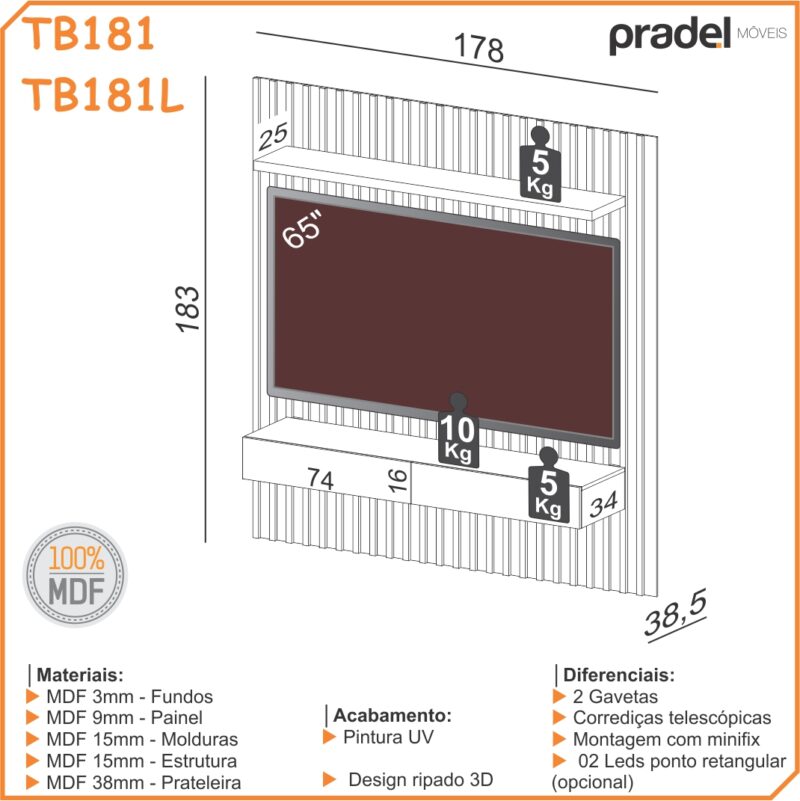 Painel Suspenso Ripado c/2Gav TB181L 1,78M - Pradel Móveis - Image 6