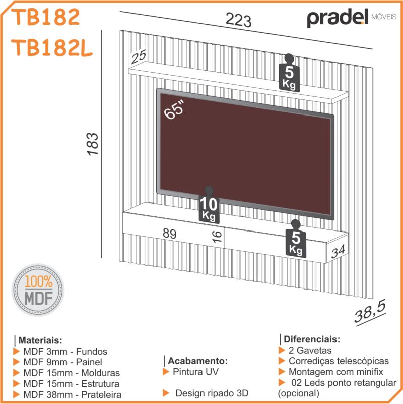 Painel Suspenso Ripado c/2Gav TB182L 2,23M – Pradel Móveis - Image 2