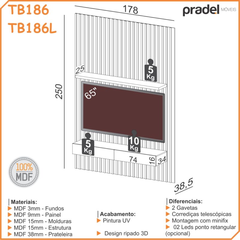 Painel Suspenso Ripado c/2Gav TB186L 1,78M – Pradel Móveis - Image 4