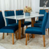 Mesa Pedro Mel Tampo Off 160×80 6 Cadeiras Lisboa Assento Veludo Azul 503 Madeira Maciça - Art Assento