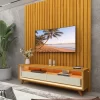 Conjunto Painel Nobre 1,40m Naturale e Rack Requinte 1,28m Pés Madeira Naturale.Off White - Gelius
