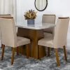 Mesa Jantar Luna Imbuia Tampo Vidro Off Canto Copo 120×80 4 Cadeiras Lunara Linho Bege 07 Madeira Maciça - Rufato
