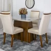 Mesa Jantar Luna Imbuia Tampo Vidro Off Canto Copo 120×80 4 Cadeiras Lunara Veludo Creme Madeira Maciça - Rufato