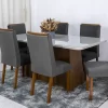 Mesa Jantar Luna Imbuia Tampo Vidro Off Canto Copo 180×90 6 Cadeiras Lunara Veludo Grafite Rufato