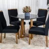 Mesa de Jantar Pedro Mel Tampo Vidro Preto 90×90 4 Cadeiras Lisboa Veludo Preto 504 Art Assento Madeira Maciça