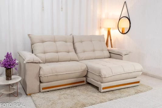 Sofá Retrátil Reclinável Barcelona Linho Bege 459 Larg. 2.30m - D33 e Molas Ensacadas