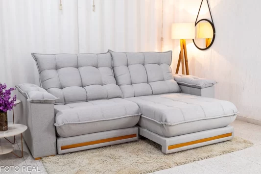 Sofá Retrátil Reclinável Barcelona Linho Cinza Claro 461 Larg. 2.50m - D33 e Molas Ensacadas