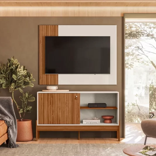 Rack e Painel Wood Larg. 1,20m Pérola Metalizada/Cinamomo Mel - Mobler