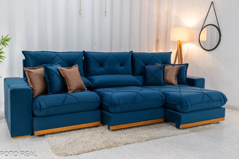 Sofá Retrátil Reclinável Gran Bello 3.20m Veludo Azul - D33 e Molas Ensacadas - Image 2
