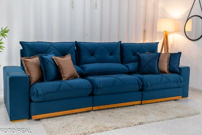 Sofá Retrátil Reclinável Gran Bello 3.20m Veludo Azul - D33 e Molas Ensacadas - Image 3