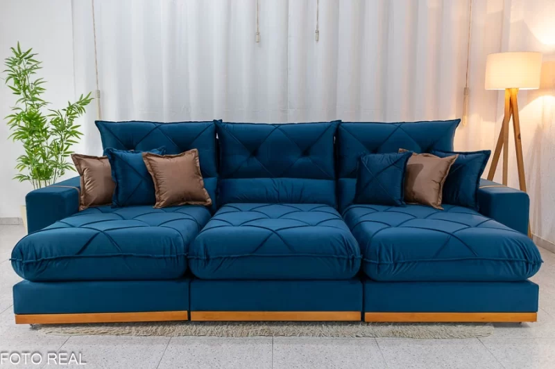 Sofá Retrátil Reclinável Gran Bello 3.20m Veludo Azul - D33 e Molas Ensacadas - Image 4