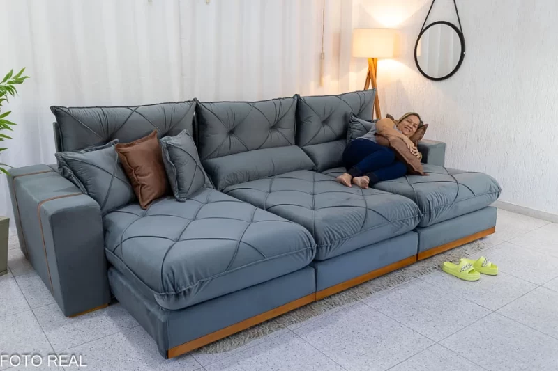 Sofá Retrátil Reclinável Gran Bello 3,20m Veludo Cinza - D33 e Molas Ensacadas - Image 2