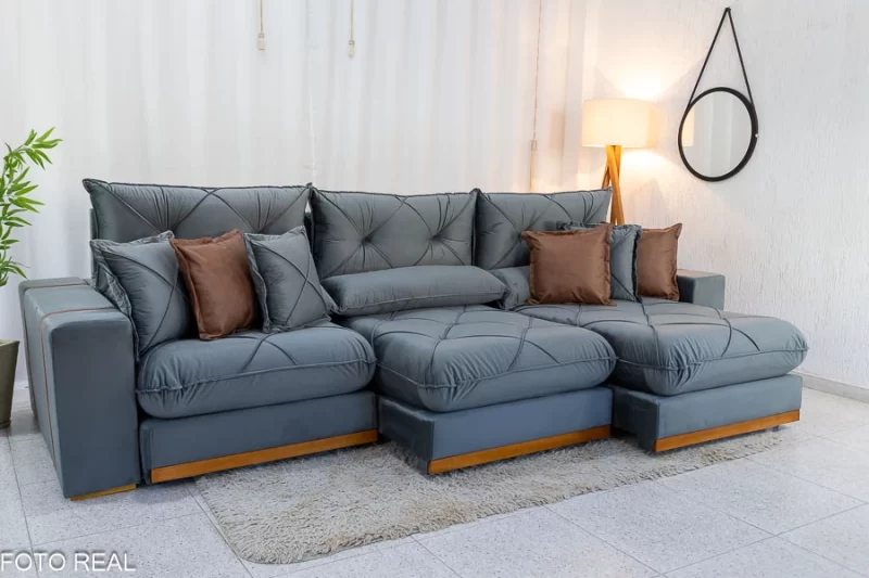 Sofá Retrátil Reclinável Gran Bello 3,20m Veludo Cinza - D33 e Molas Ensacadas