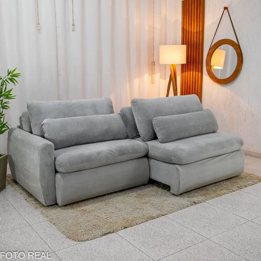Sofá Retrátil e Cama Amable 2,30m Veludo Plush Prata - Sem Caixa