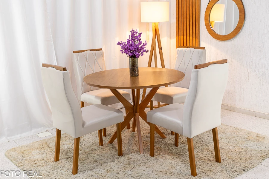Mesa de Jantar Simpatia Tampo Redondo 108×108 Cinamomo JCM 4 Cad. Lisboa Veludo Bege 512 Madeira Maciça Art Assento