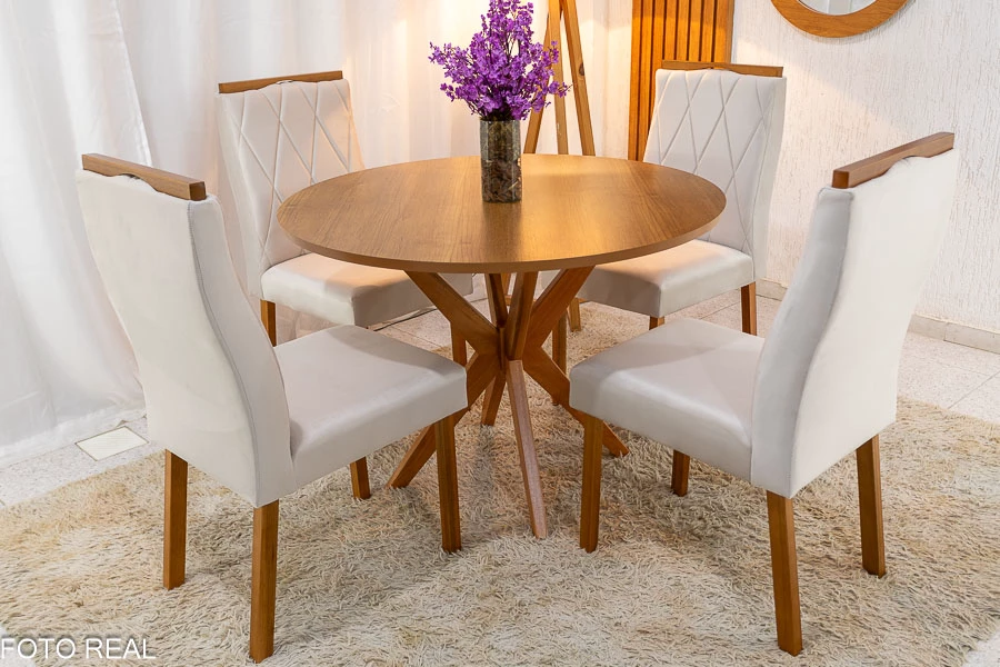 Mesa de Jantar Simpatia Tampo Redondo 108×108 Cinamomo JCM 4 Cad. Lisboa Veludo Bege 512 Madeira Maciça Art Assento - Imagem 2