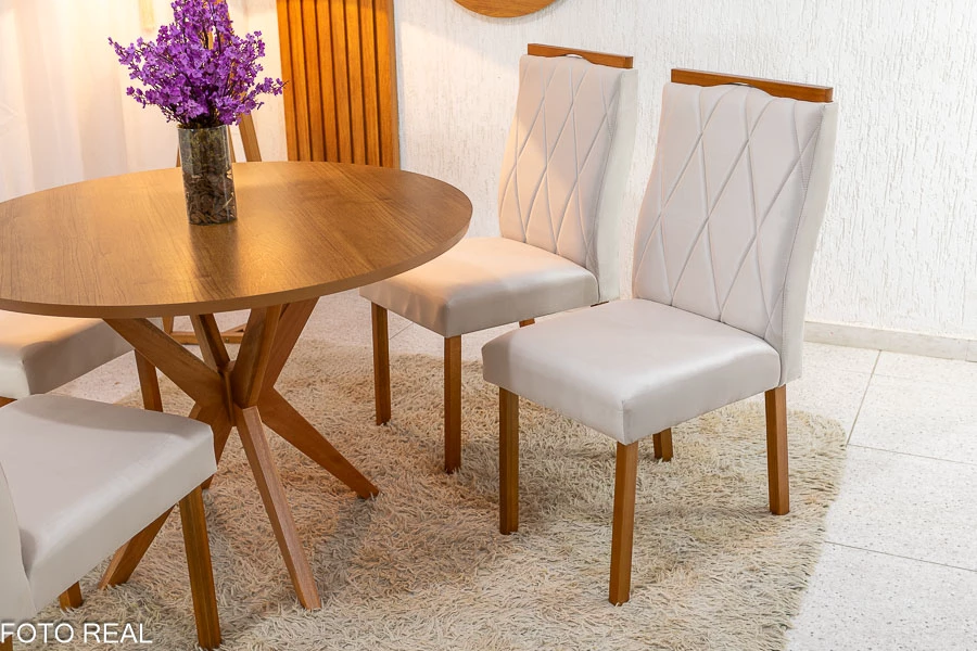 Mesa de Jantar Simpatia Tampo Redondo 108×108 Cinamomo JCM 4 Cad. Lisboa Veludo Bege 512 Madeira Maciça Art Assento - Imagem 4