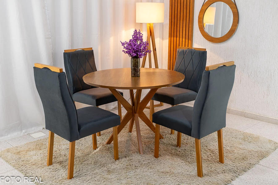 Mesa de Jantar Simpatia Tampo Redondo 108×108 Cinamomo JCM 4 Cad. Lisboa Veludo Cinza 507 Madeira Maciça Art Assento - Imagem 2