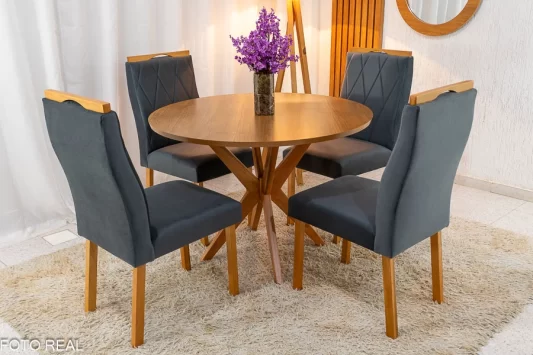 Mesa de Jantar Simpatia Tampo Redondo 108×108 Cinamomo JCM 4 Cad. Lisboa Veludo Cinza 507 Madeira Maciça Art Assento