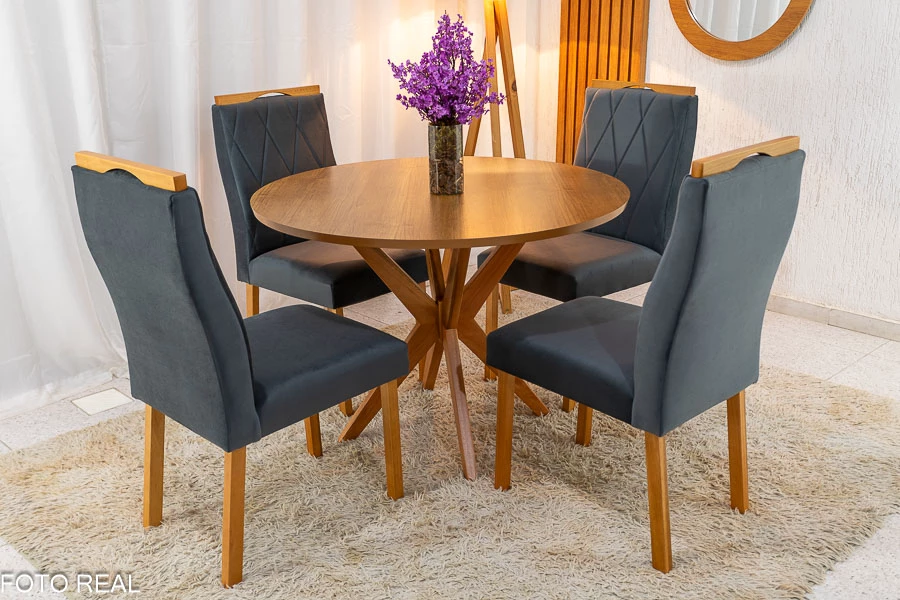 Mesa de Jantar Simpatia Tampo Redondo 108×108 Cinamomo JCM 4 Cad. Lisboa Veludo Cinza 507 Madeira Maciça Art Assento
