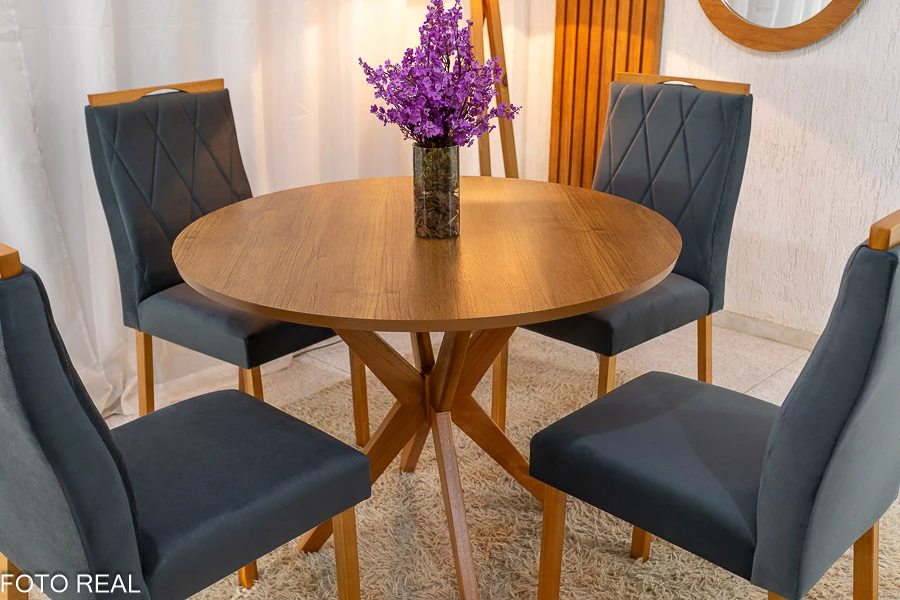 Mesa de Jantar Simpatia Tampo Redondo 108×108 Cinamomo JCM 4 Cad. Lisboa Veludo Cinza 507 Madeira Maciça Art Assento - Imagem 3