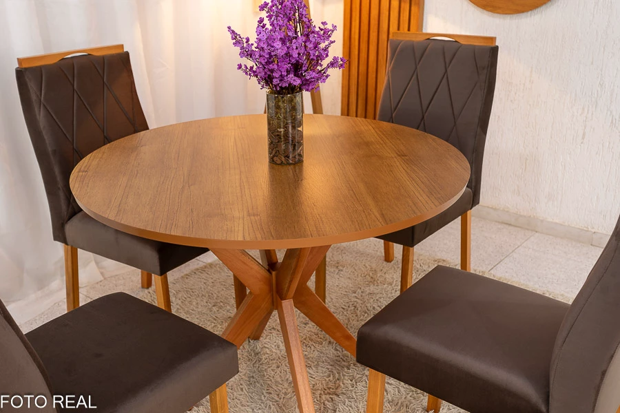 Mesa de Jantar Simpatia Tampo Redondo 108×108 Cinamomo 4 Cad. Lisboa Veludo Marrom 509 Madeira Maciça - Imagem 4