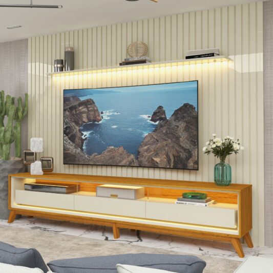 Conjunto Painel Nobre 2,75M Off White e Rack Requinte 2,60M Naturale.Off White - Gelius