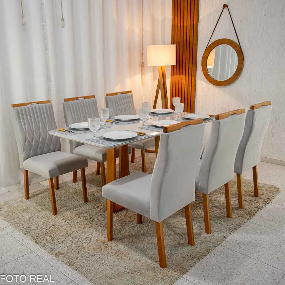 Mesa Pedro Mel Vidro OFF 1,60×0,80M 6 Cadeiras Genova Veludo Prata 514 Madeira Maciça - Art Assento - Imagem 5