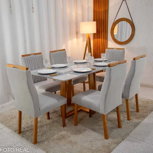 Mesa Pedro Mel Vidro OFF 1,60×0,80M 6 Cadeiras Genova Veludo Prata 514 Madeira Maciça - Art Assento
