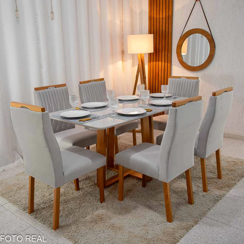 Mesa Pedro Mel Vidro OFF 1,60×0,80M 6 Cadeiras Genova Veludo Prata 514 Madeira Maciça - Art Assento