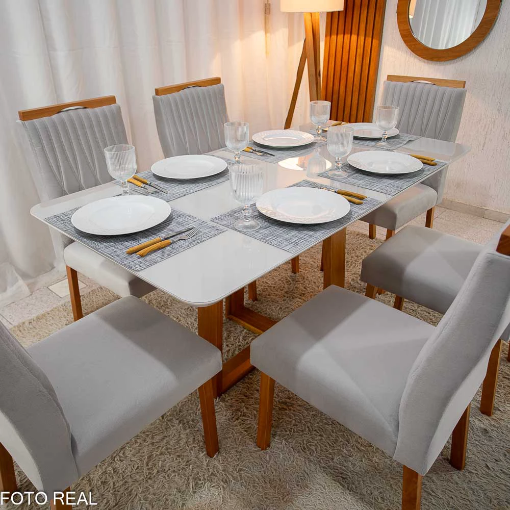 Mesa Pedro Mel Vidro OFF 1,60×0,80M 6 Cadeiras Genova Veludo Prata 514 Madeira Maciça - Art Assento - Imagem 4