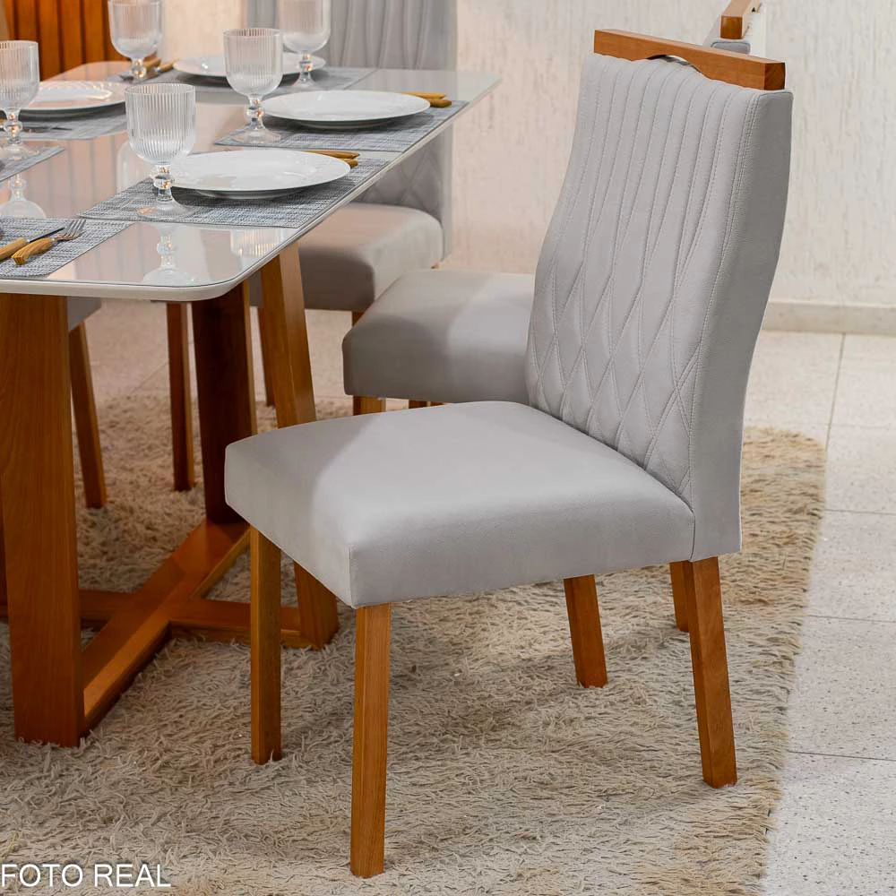 Mesa Pedro Mel Vidro OFF 1,60×0,80M 6 Cadeiras Genova Veludo Prata 514 Madeira Maciça - Art Assento - Imagem 3