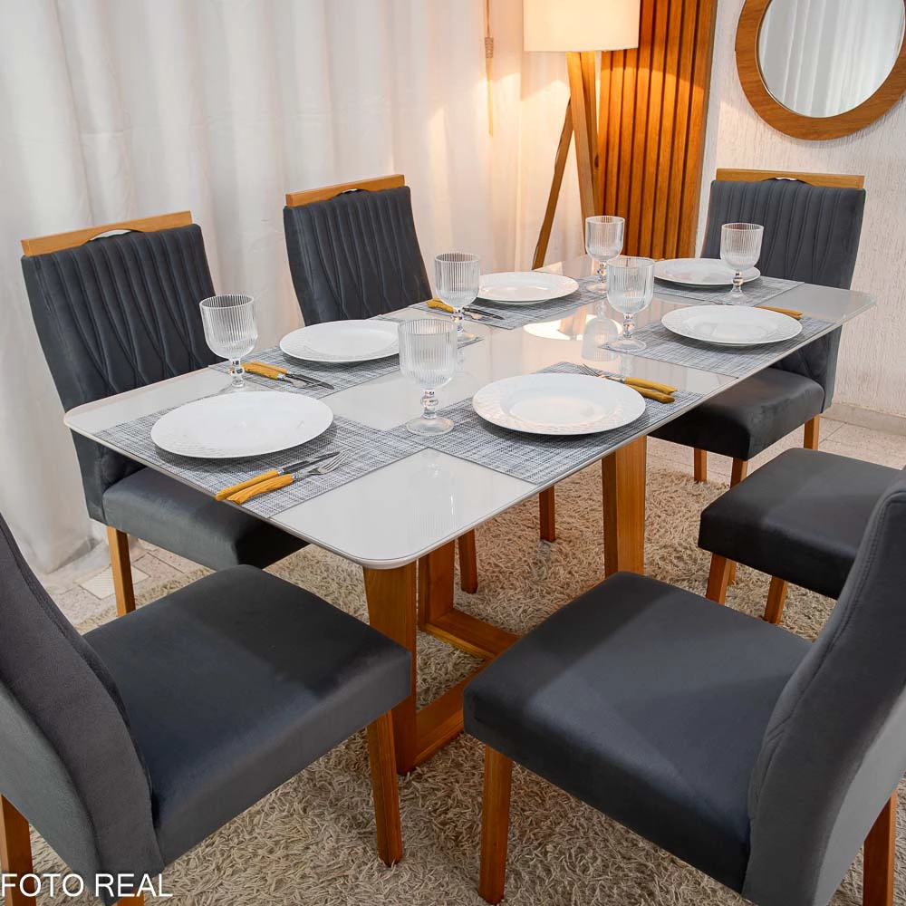 Mesa Pedro Mel Vidro OFF 1,60×0,80M 6 Cadeiras Genova Veludo Cinza 507 Madeira Maciça - Art Assento - Imagem 4