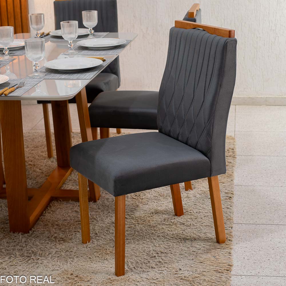Mesa Pedro Mel Vidro OFF 1,60×0,80M 6 Cadeiras Genova Veludo Cinza 507 Madeira Maciça - Art Assento - Imagem 3