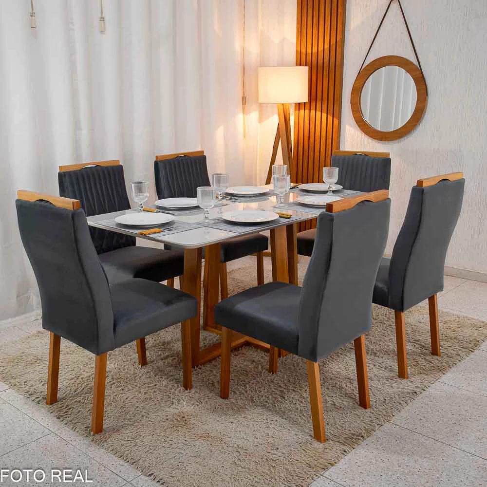 Mesa Pedro Mel Vidro OFF 1,60×0,80M 6 Cadeiras Genova Veludo Cinza 507 Madeira Maciça - Art Assento