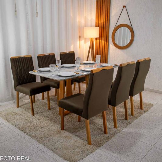 Mesa Pedro Mel Vidro OFF 1,60×0,80M 6 Cadeiras Genova Veludo Marrom 509 Madeira Maciça - Art Assento