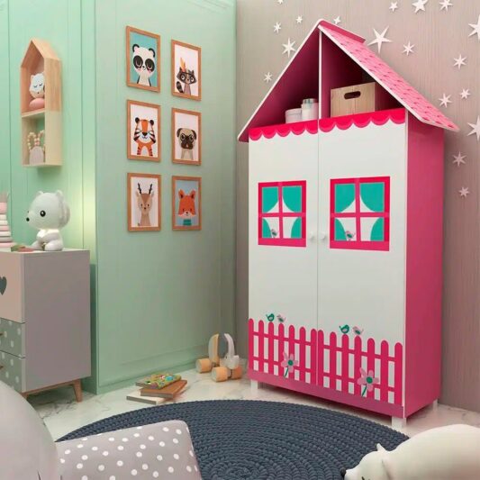 Roupeiro Infantil Casinha 2P 2G Pink Ploc.Branco Acetinado - Gelius
