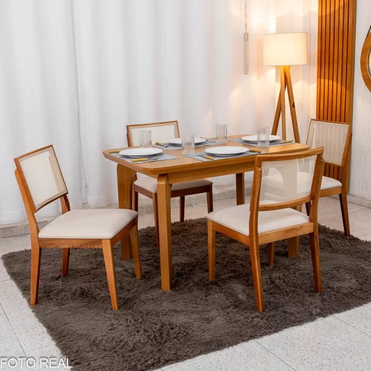 Mesa de Jantar Londrina 120x80m Cinamomo Rufato + 4 Cad. Dubai Linho Bege Madeira - Art Assento
