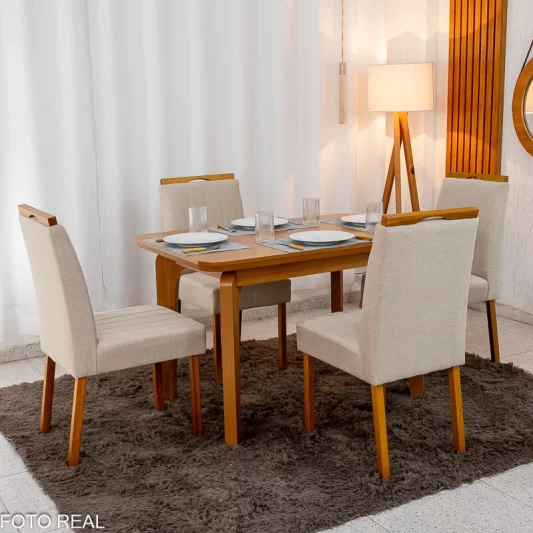 Mesa de Jantar Londrina 120x80m Cinamomo Rufato + 4 Cad. Isabela Linho Bege 01 Madeira - Art Assento
