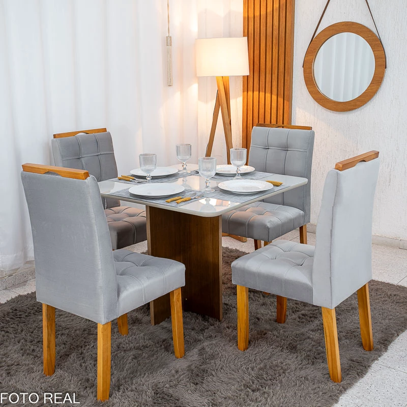 Mesa de Jantar Moscou 90x90m Cinamomo/Off Tampo Vidro Off 4 Cadeiras Londres Veludo Prata Madeira Maciça - Minas Plac