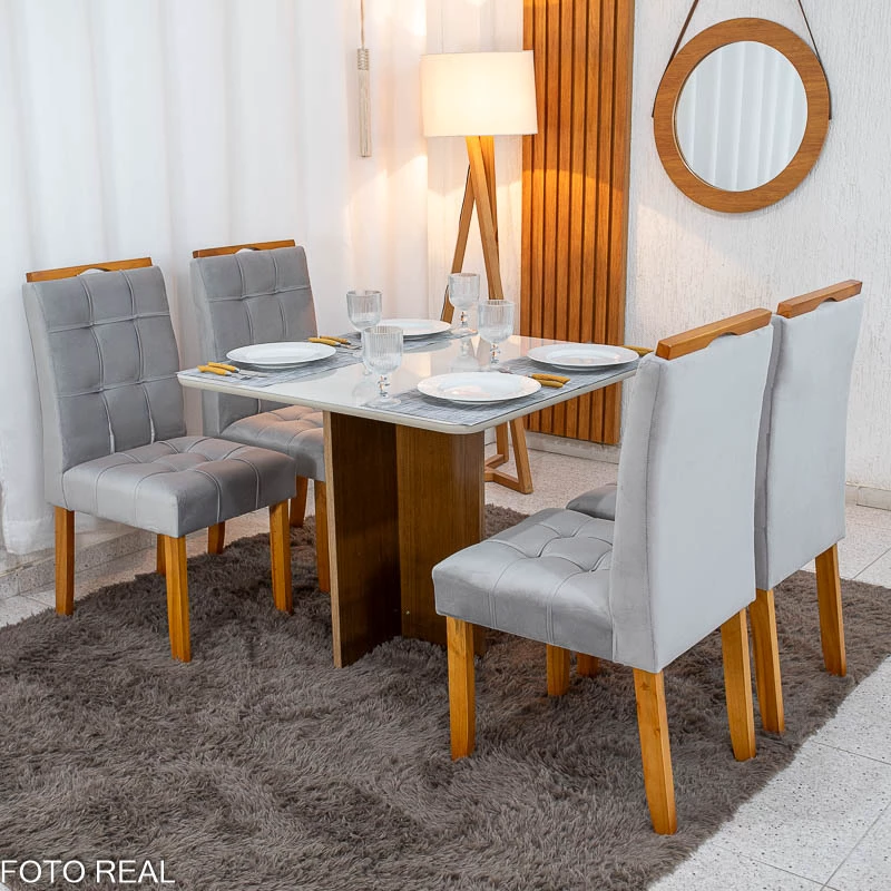 Mesa de Jantar Moscou 90x90m Cinamomo/Off Tampo Vidro Off 4 Cadeiras Londres Veludo Prata Madeira Maciça - Minas Plac - Imagem 5