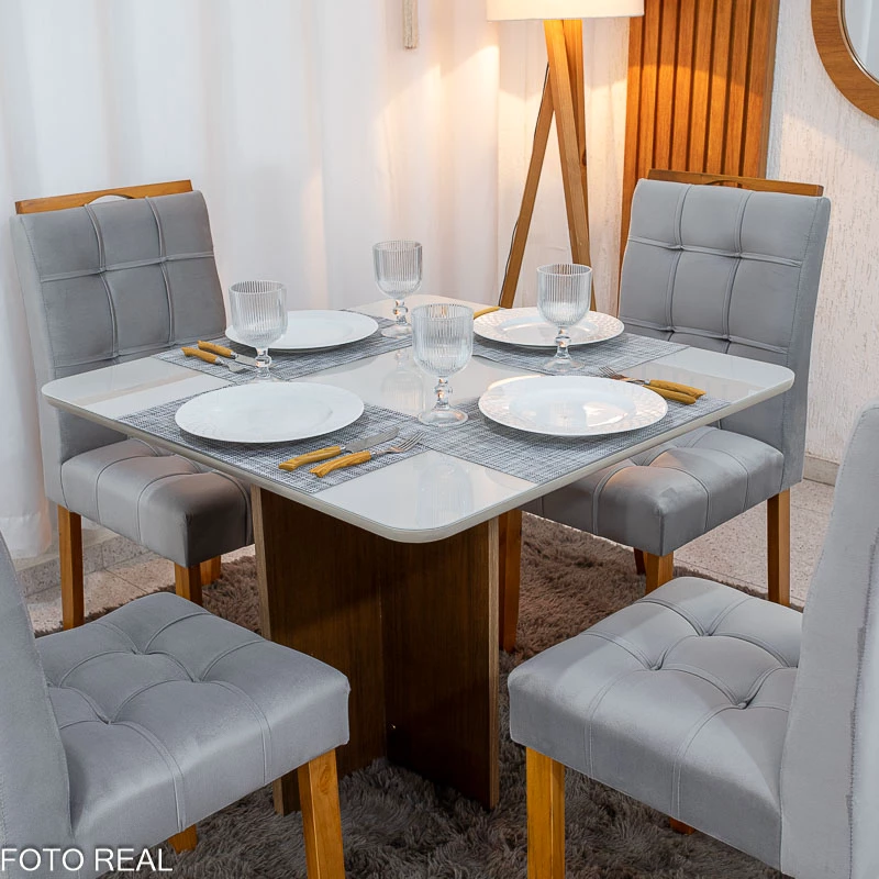 Mesa de Jantar Moscou 90x90m Cinamomo/Off Tampo Vidro Off 4 Cadeiras Londres Veludo Prata Madeira Maciça - Minas Plac - Imagem 6