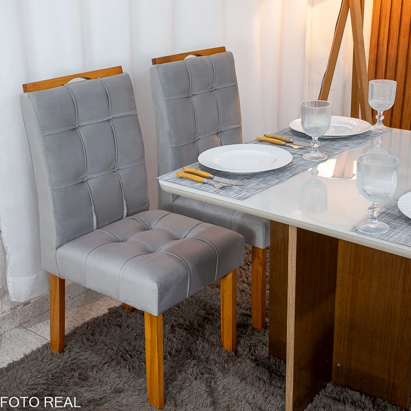 Mesa de Jantar Moscou 90x90m Cinamomo/Off Tampo Vidro Off 4 Cadeiras Londres Veludo Prata Madeira Maciça - Minas Plac - Imagem 4