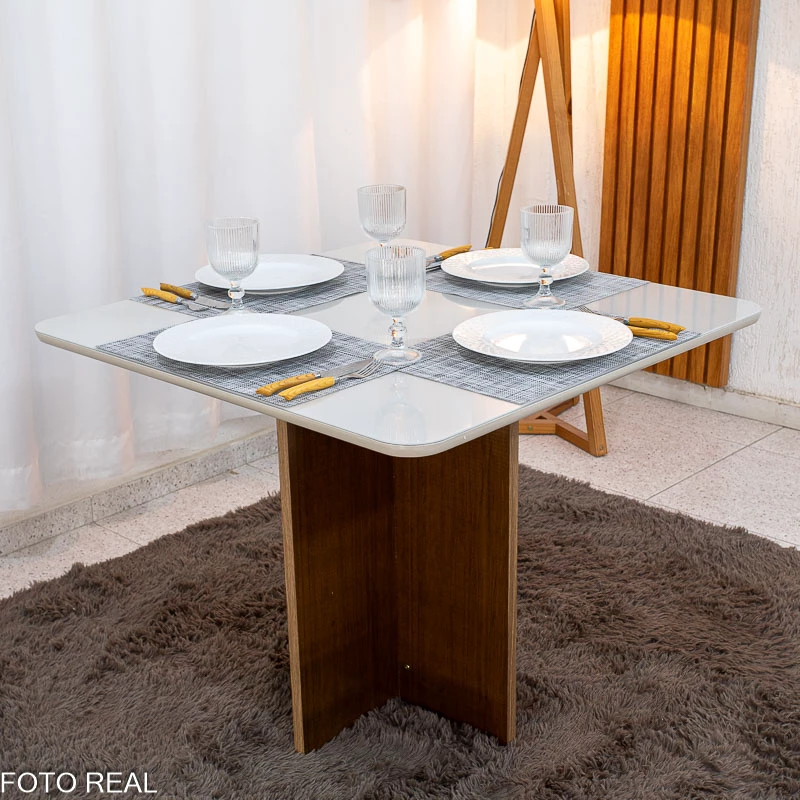 Mesa de Jantar Moscou 90x90m Cinamomo/Off Tampo Vidro Off 4 Cadeiras Londres Veludo Prata Madeira Maciça - Minas Plac - Imagem 2