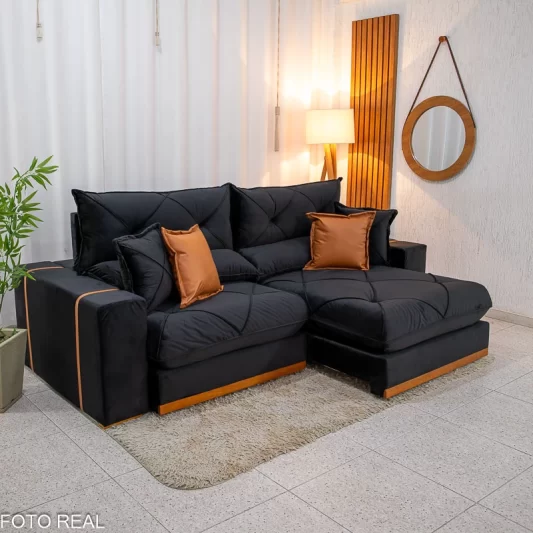 Sofá Retrátil Reclinável Gran Bello 2.50m Veludo Preto 21 - Molas Ensacadas Pocket