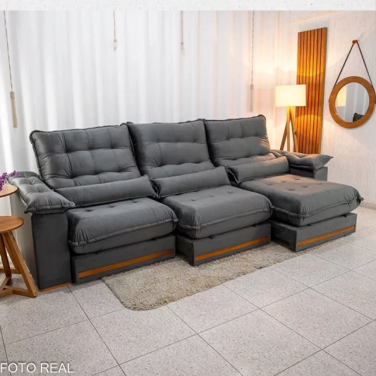 Sofá Retrátil Reclinável Istambul 3,20m Veludo Cinza 403 - Espuma D33